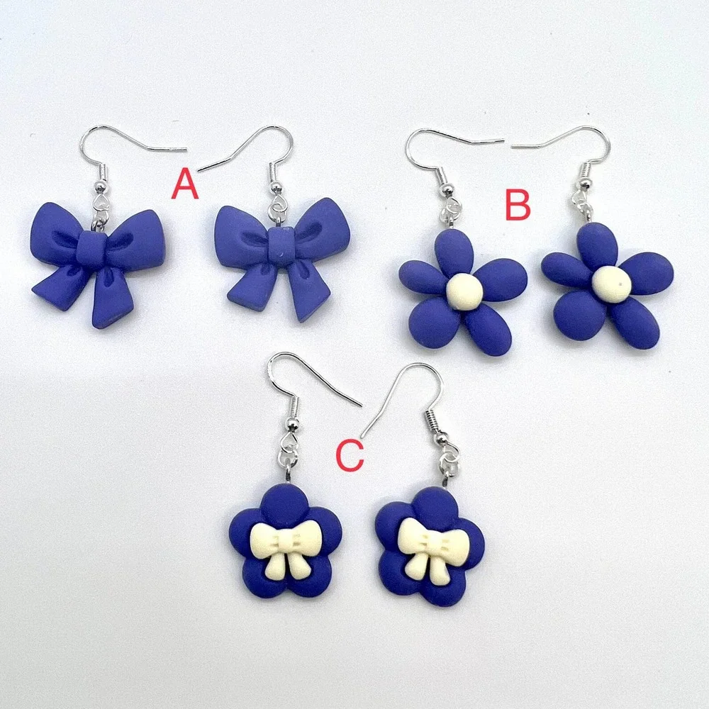 Ribbon Earrings - Bow Earrings - Flower Earrings - Indigo Blue Clay Earrings